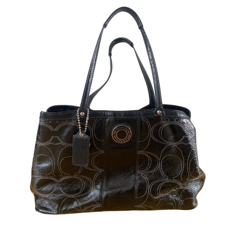 Coach Vintage Signature Kiss Lock Large Shoulder Bag Black Patent Leather